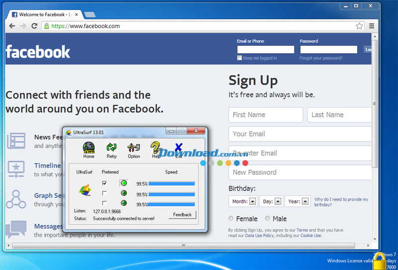 Vào Facebook với phần mềm vượt tường lửa UltraSurf